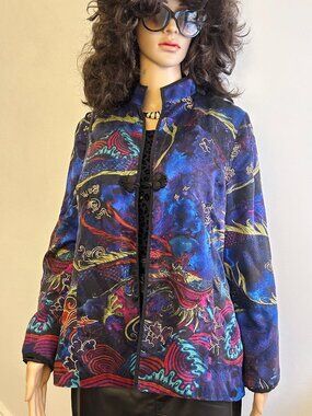 Chico’s Asian Inspired Print Jacket Textured Statement Blazer Dragon Art